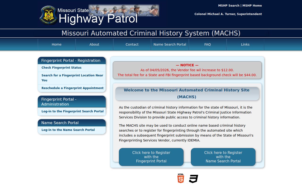 Gentry County criminal history fingerprint registration through MACHS and IDEMIA